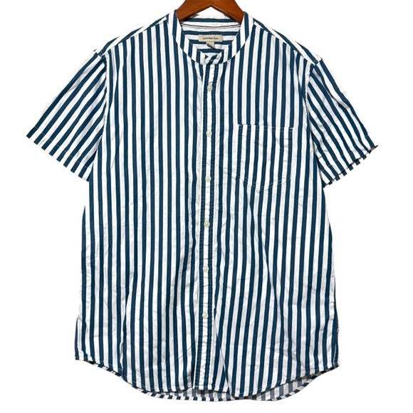 Calvin Klein Striped Stand Up Collar Button Down Shirt Casual Resort Vacation M - Picture 1 of 5